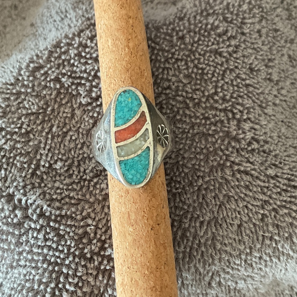 Silver Turquoise and Coral Inlay Ring